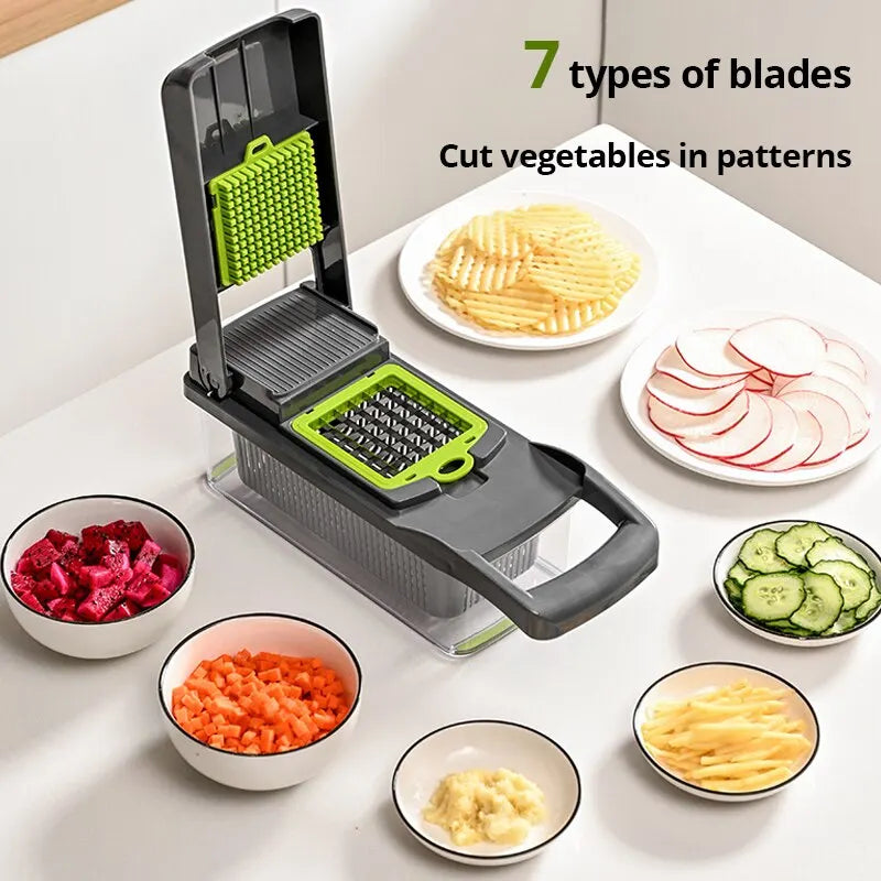 Green & Black 12-in-1 Multifunctional Vegetable Slicer with Basket Fruit Potato Chopper/Grater